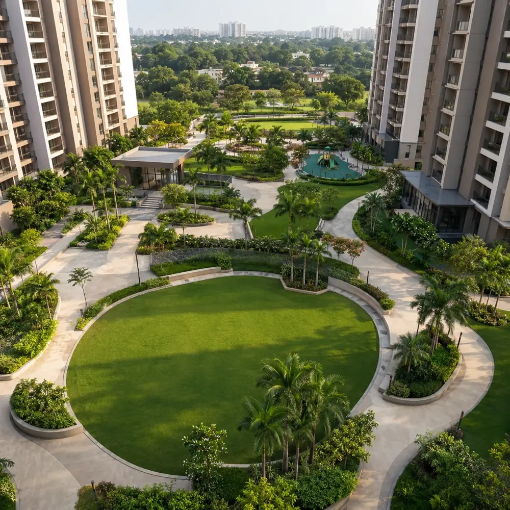Landscaped vehicle-free podium at CKPC Heart of Harmony