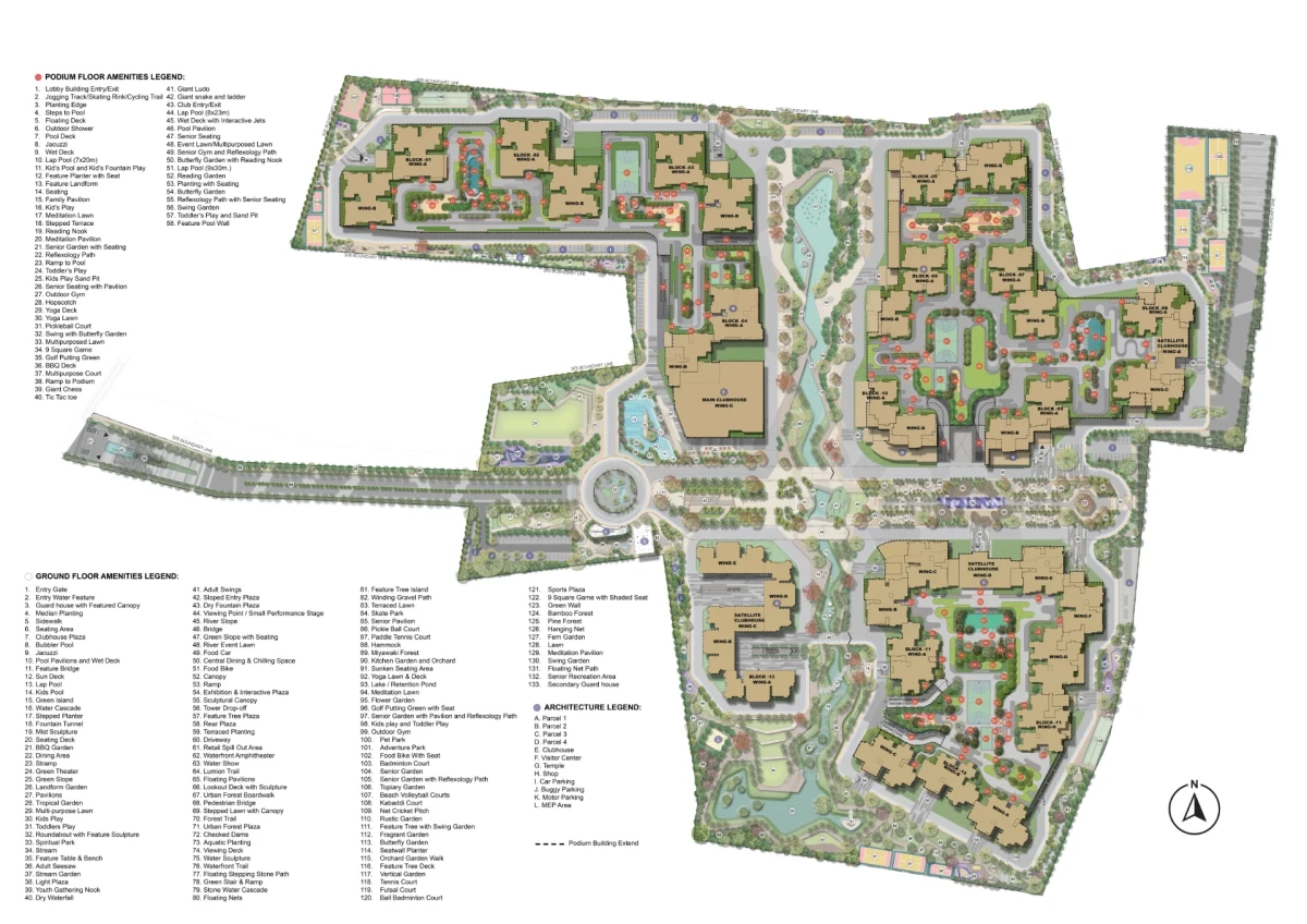 CKPC Heart of Harmony master plan showing the single tower, podium, green zones and amenity levels